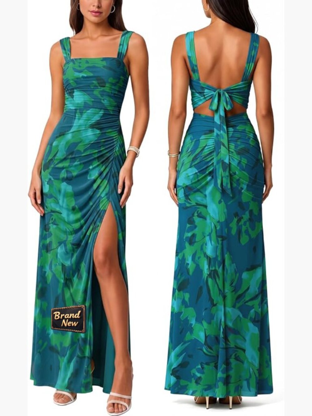 Sheer Tie Back Sleeveless Maxi Dress Bodycon Ruched Formal